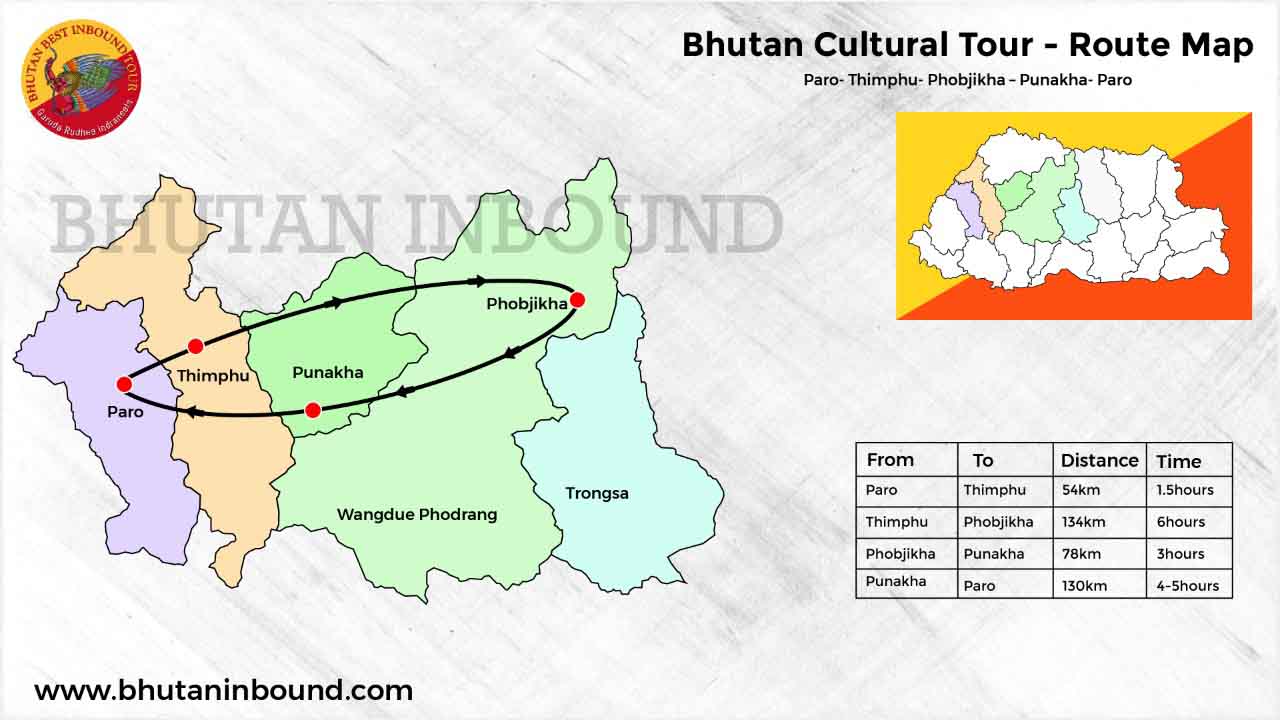 Bhutan Classic Cultural Tour Map